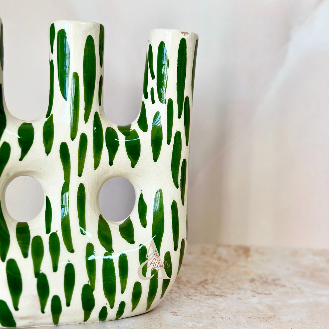 Vase artisanal Afous petit vernis vert et blanc