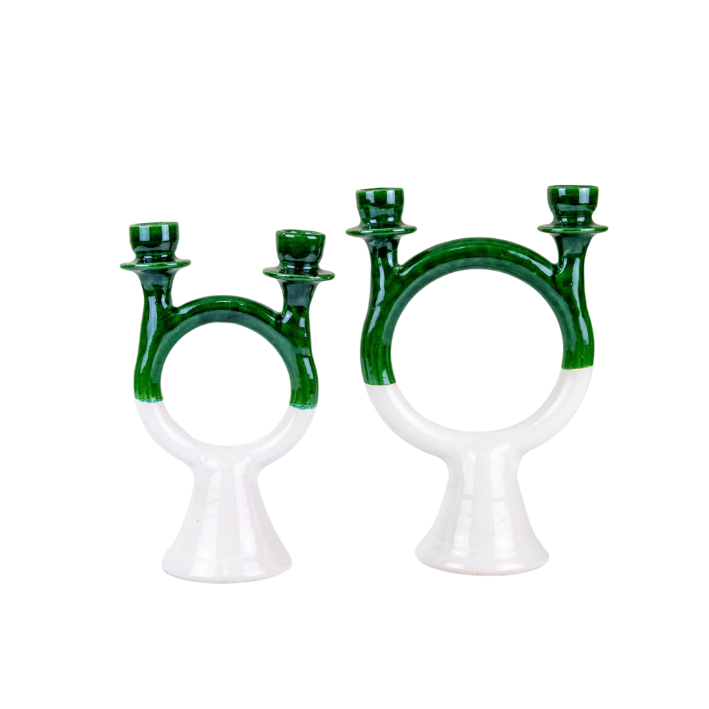 Tamegroute Shaded Green & White Candlestick Holder